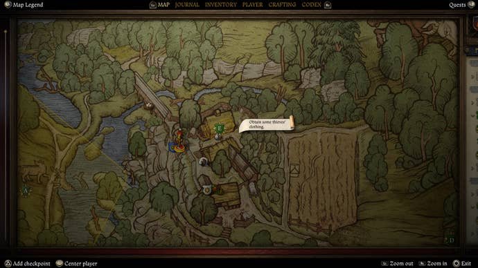 A map screen showing the location of the miller Kreyzl's missing clothes during the Materia Prima quest in Kingdom Come Deliverance 2.