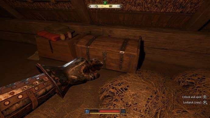 Henry sneaking towards the chest containing the Miller's clothes in Kingdom Come Deliverance 2.