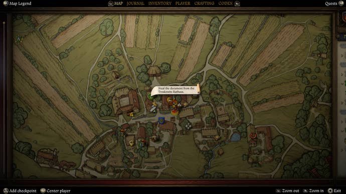 A map screen showing the location of the miller Kreyzl's missing document during the Materia Prima quest in Kingdom Come Deliverance 2.