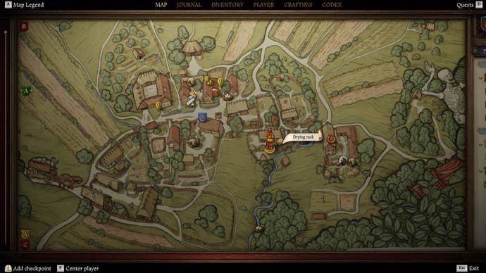 A map image showing a drying rack location in Kingdom Come Deliverance 2