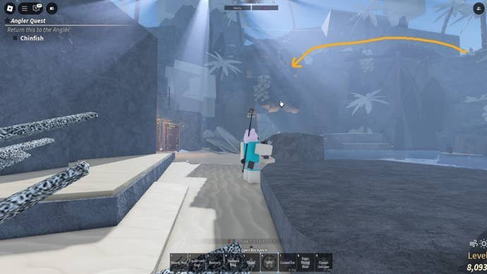 The player looks toward the distant Skull Cave on Forsaken Shores in Fisch