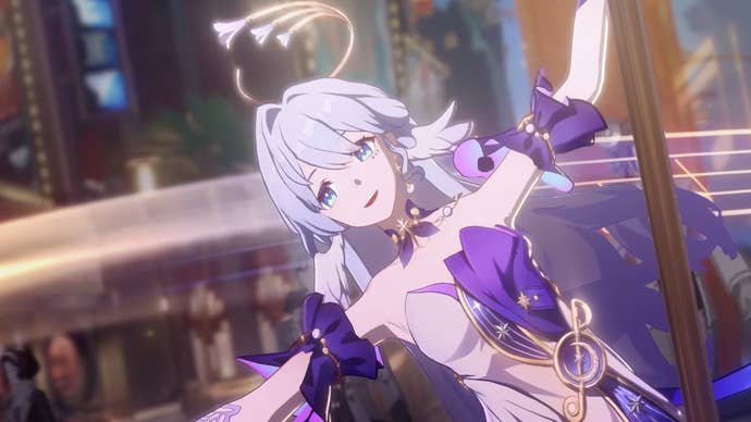 Honkai Star Rail's Robin imitating Gene Kelly's Singin' in the Rain moment, swinging around a pole with her arm outstretched while she sings