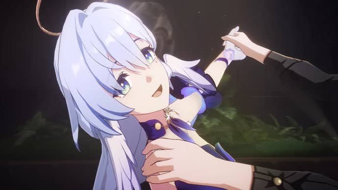 Honkai Star Rail's Robin dancing with an unseen partner, her held tilted back as she smiles