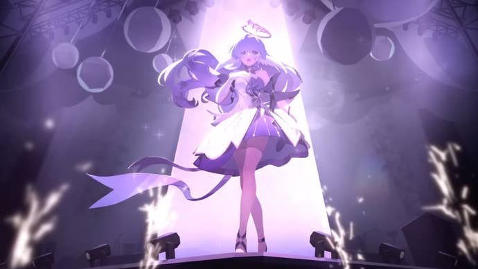 Honkai Star Rail's Robin standing on a stage lit with purple light