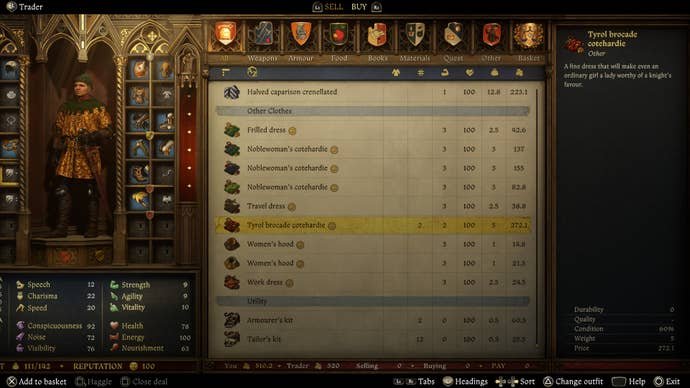 Henry buying a dress to serve as a disguise in the Opus Magnum quest in Kingdom Come Deliverance 2.