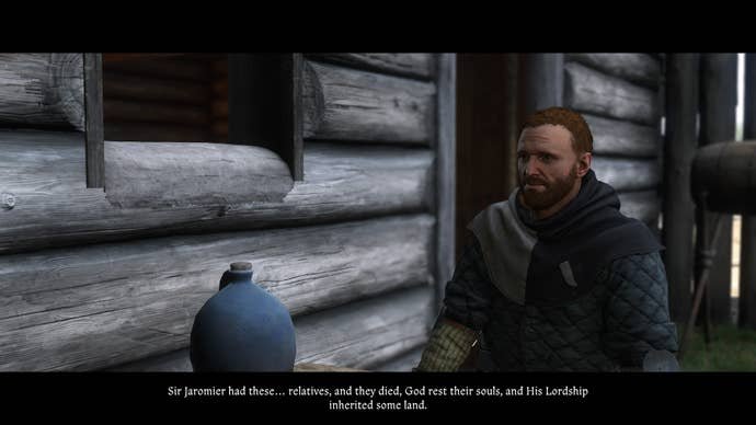Michael grilling Henry on Lord von Bergow's plans during the Back in the Saddle quest in Kingdom Come Deliverance 2.