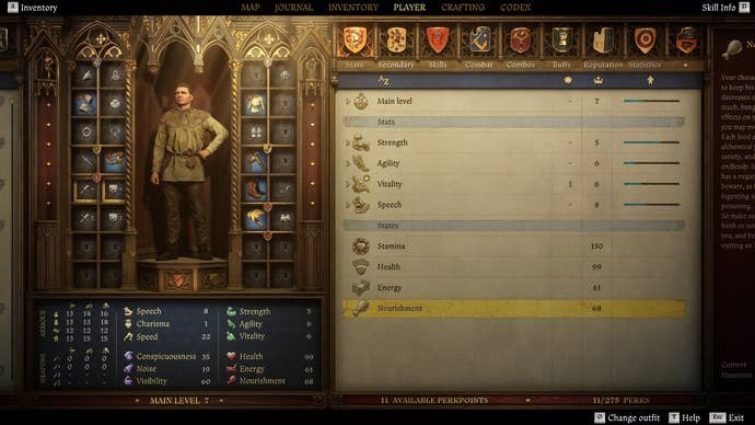 A menu image in Kingdom Come Deliverance 2 showing Henry's nurishment status