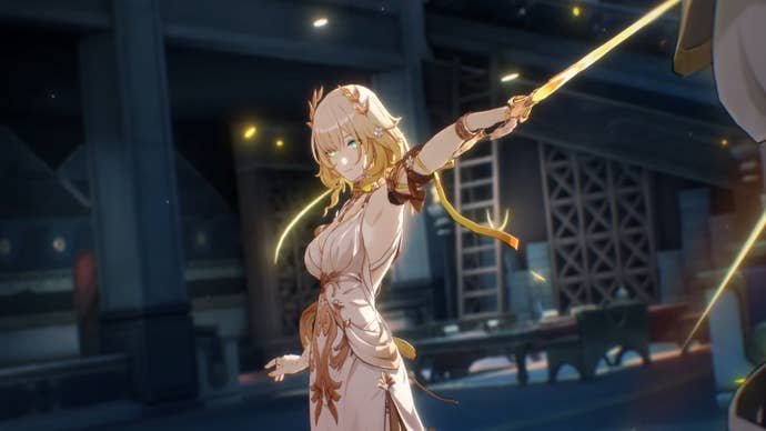 Honkai Star Rail's Aglaea with her left arm extended, pointing a blade at a nearby enemy