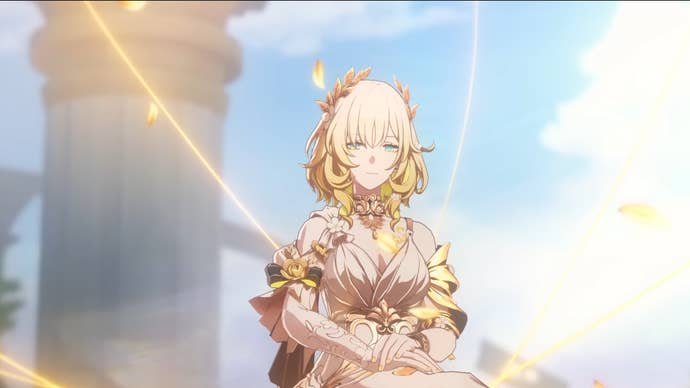Honkai Star Rail's Aglaea, sitting alone on a stool in an open courtyard surrounded by pillars
