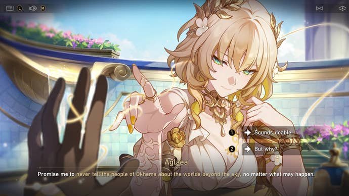 Honkai Star Rail's Aglaea, sitting at a table laden with tea things with a golden thread joining her right index finger to the Trailblazer's left middle finger