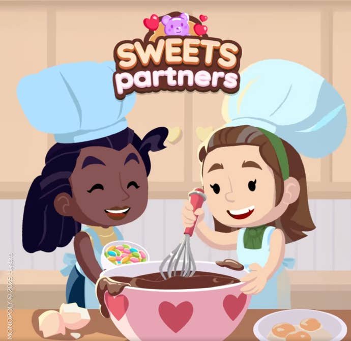 Artwork for the Monopoly Go Sweet Partners event, showing two cartoon-style characters baking a cake.