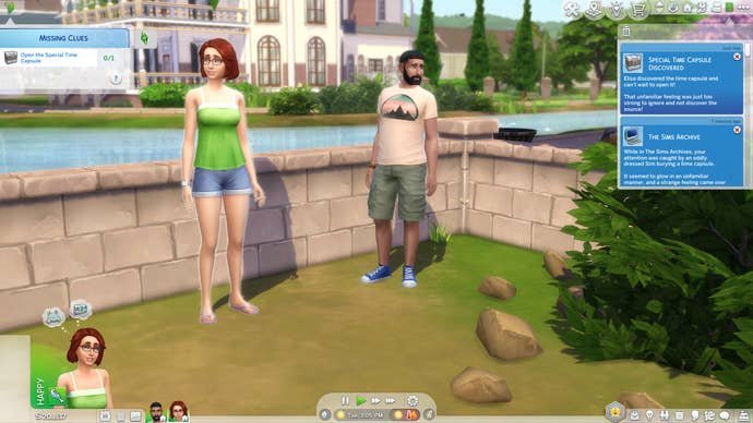 Eliza and Bob Pancakes stand next to a dirt area in a small neighbourhood park by the river where they just dug up a time capsule in The Sims 4.