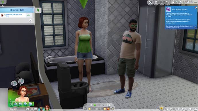 Eliza and Bob Pancakes stand in Bob's modern yet fairly disgusting bathroom, having just fished the final Shard of Time out of the toilet in The Sims 4 Blast from the Past.