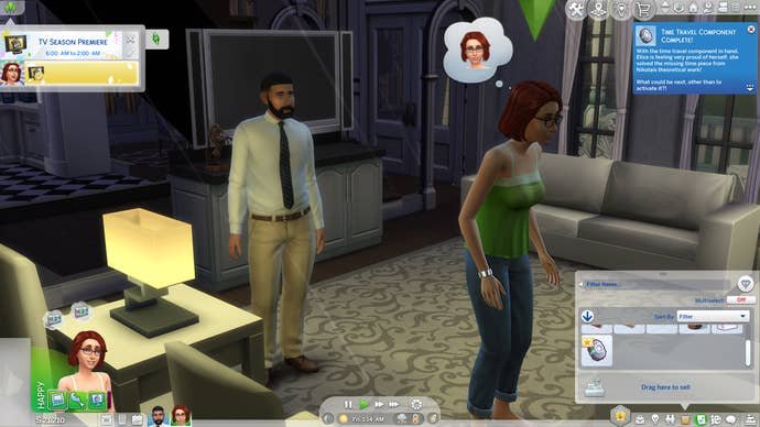 Bob and Eliza Pancakes stand in their living room late at night after constructing the time travel component in The Sims 4 Blast from the Past.