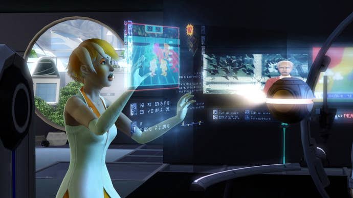 A female Sim from the futuristic world gasps at something she's seen on a free-floating screen from The Sims 3: Into the Future.