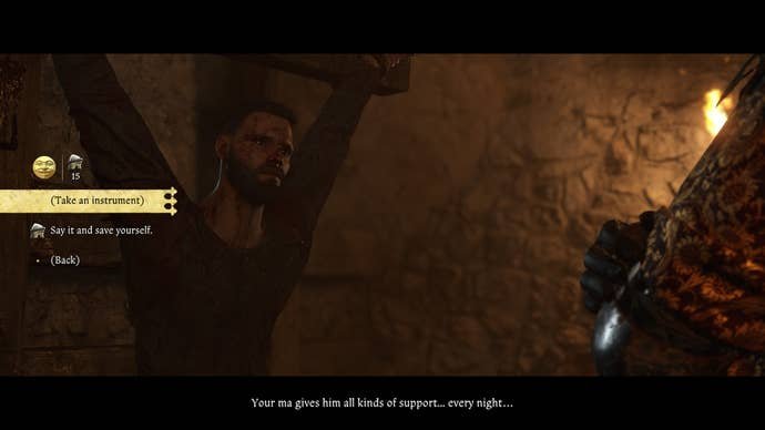 Henry interrogating a prisoner during the Necessary Evil quest in Kingdom Come Deliverance 2.