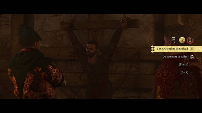 Henry using persuasion to interrogate the prisoner during the Necessary Evil quest in Kingdom Come Deliverance 2.