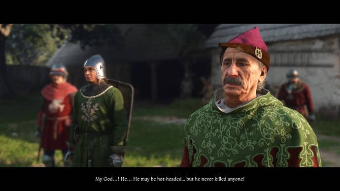 Lord Semine pleading his innocence to the Burgrave, Hashek, during the Necessary Evil quest in Kingdom Come Deliverance 2.