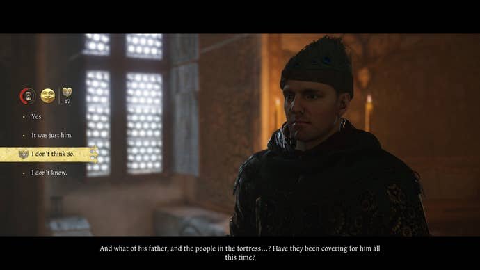 Henry deliberating over whether to tell Lord von Bergow of Lord Semine's treachery during the Necessary Evil quest in Kingdom Come Deliverance 2.