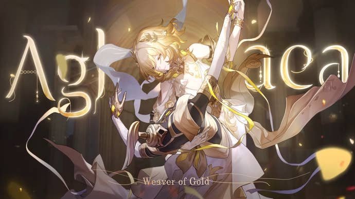 Honkai Star Rail's Aglaea holding one of her garmentmaker dummies, with golden text spelling her name crawling across the view