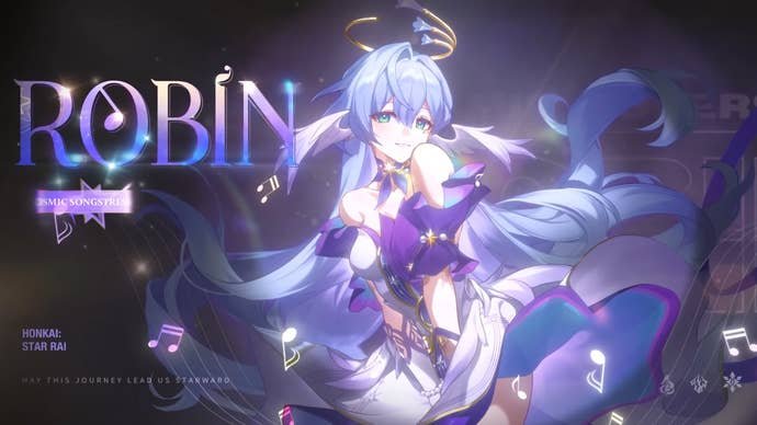 Honkai Star Rail's Robin posing for a photoshoot with her hands clasped in front of her