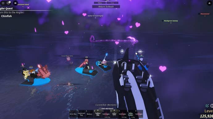 Multiple players can be seen trying to fish for a Lovestorm Eel in the ocean during Fisch's Valentine's event