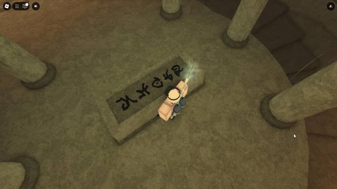 The Player Stands Beside a Podium with Five Symbols on it at the entrance to the sunken depths in fisch's atlantis