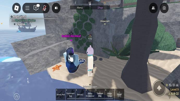 The player stands beside the Bubble Mermaid at Grand Reef in Fisch