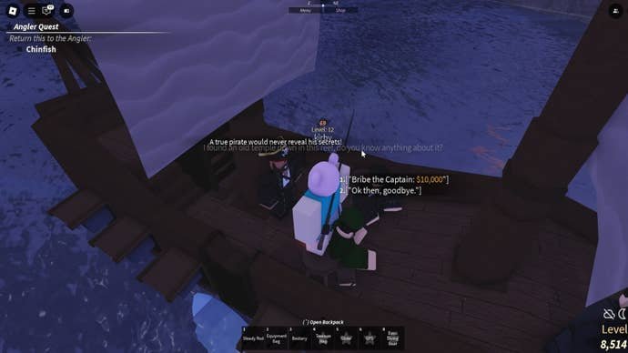 The player speaks with the pirate on the Mysterious Pirate Ship near Grand Reef in Fisch