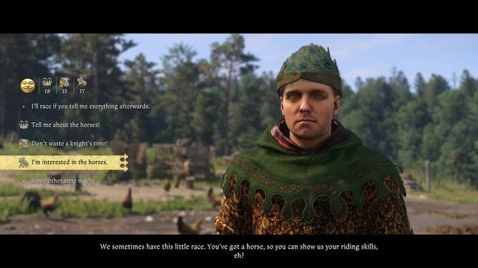 Henry persuading the groom to divulge his secrets during the Back in the Saddle quest in Kingdom Come Deliverance 2.