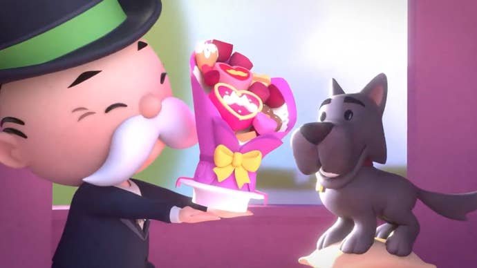The Monopoly mascot gives his dog Scottie some flowers, in artwork for the Sweet Partners event that launched for Valentine's Day 2025.