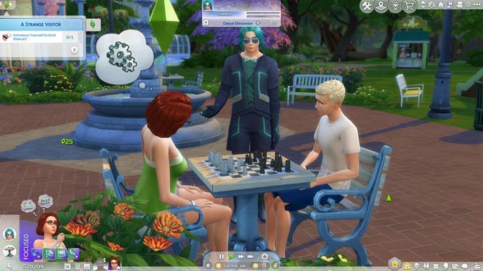 Eliza Pancakes, Emit Relevart, and Wolfgang Munch discuss mechanics over a game of chess in Magnolia Blossom Park in The Sims 4.