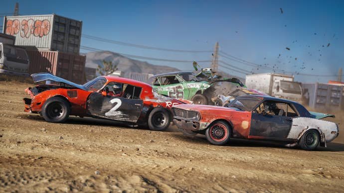 Some cars having a crash and a race at the same time in Wreckfest 2.