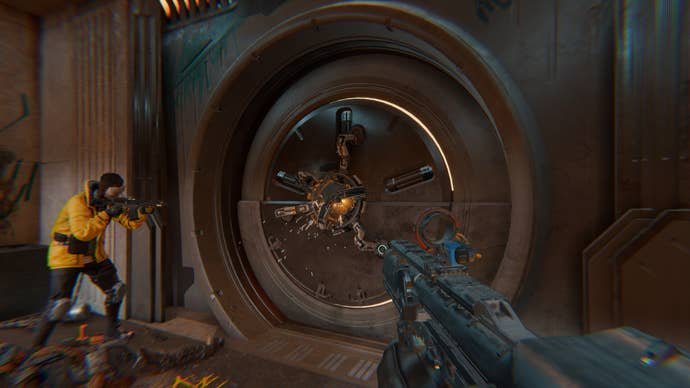 A vault door being hacked by a spider drone, seen from a first-person viewpoint in Den of Wolves.