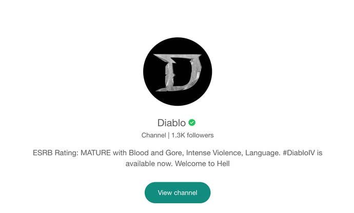 A group for Diablo on Whatsapp who's description reads: ESRB Rating: MATURE with Blood and Gore, Intense Violence, Language. #DiabloIV is available now. Welcome to Hell