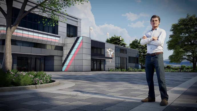 A team boss standing in front of a factory in F1 25.