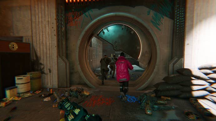 Three men clad in futuristic clothes run into a vault in Den of Wolves. There is debris and graffiti around them.