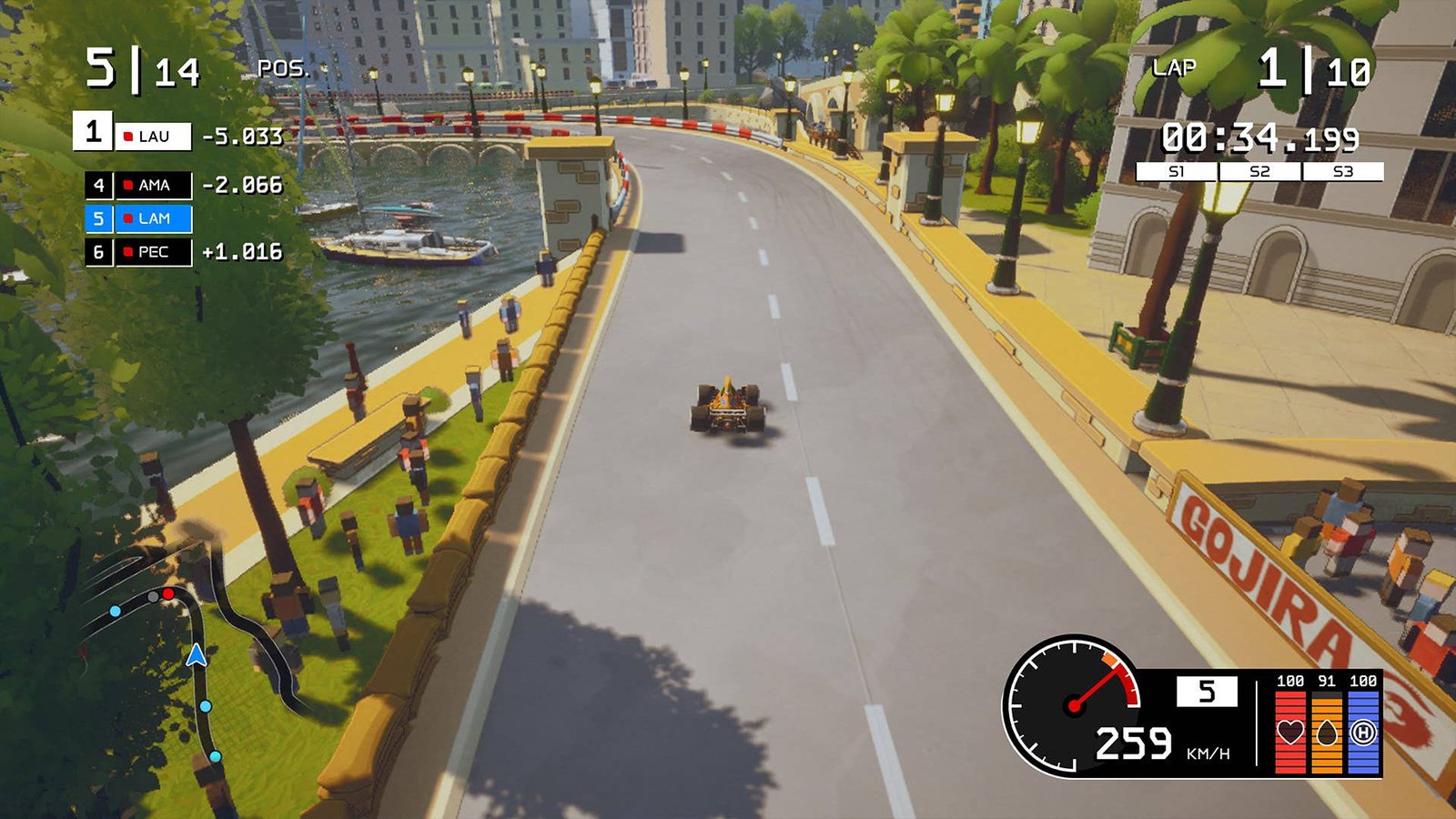 A retro F1 car racing around Formula Legends' not-quite-Monaco.
