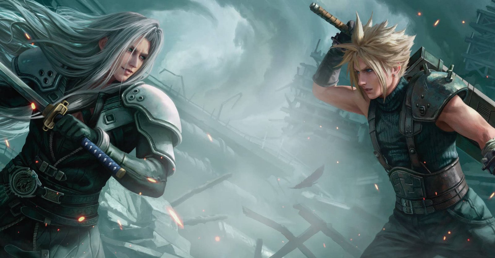 Silver haired Sephiroth and spiky, blonde-haired Cloud draw their swords against each other as they move head-to-head in a fight.