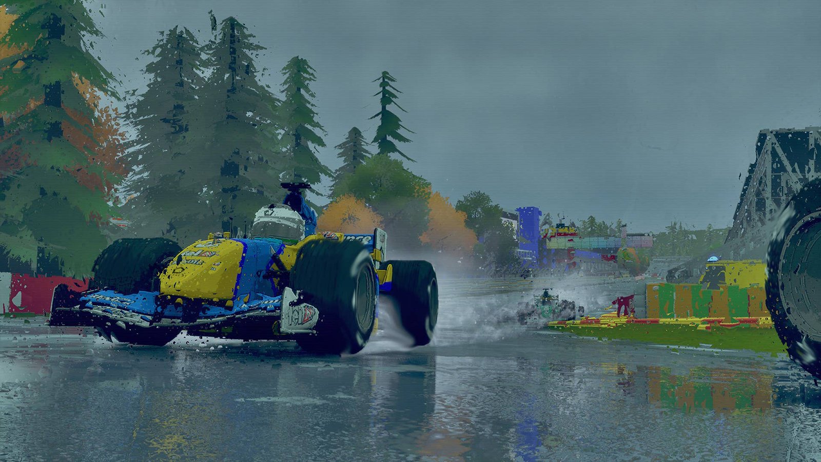 Some mid-2000s F1 cars racing in the wet in Formula Legends.