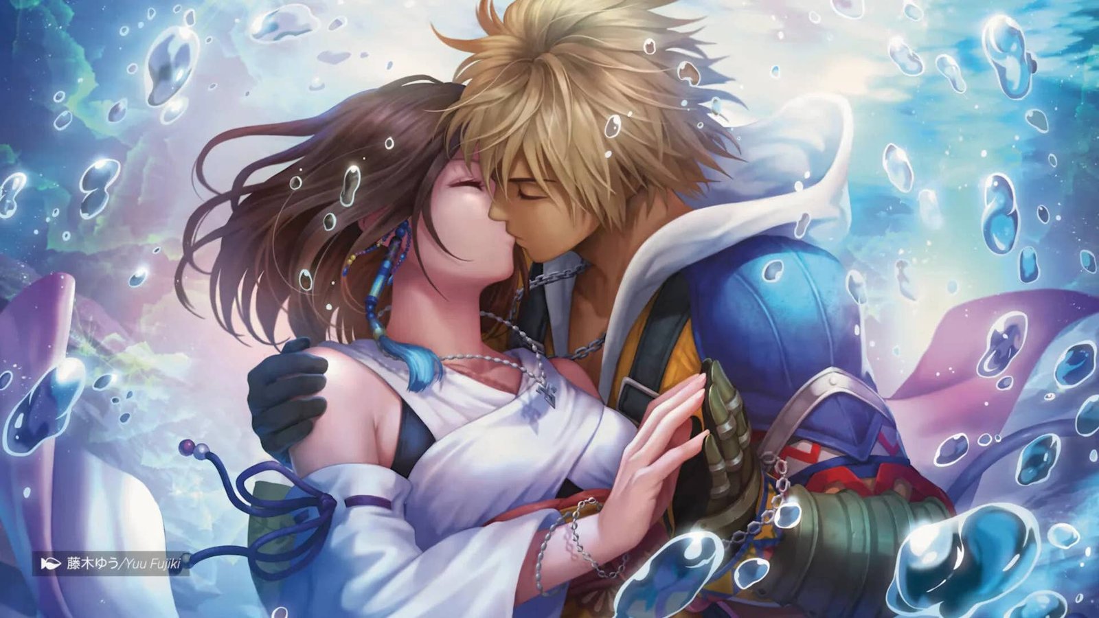 Tidus and Yuna from Final Fantasy 10 in an embrace, with water around them, in a style unique to Magic the Gathering.