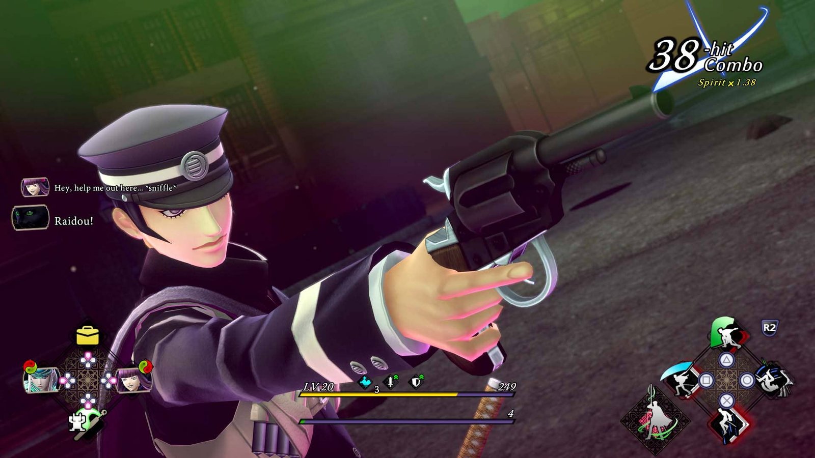 Raidou Kuzunoha fires a gun at an off-screen opponent.