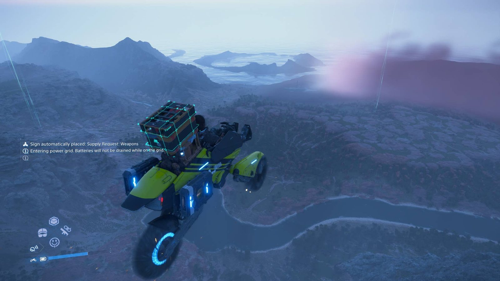 Death Stranding 2 big jump on snowy mountain.