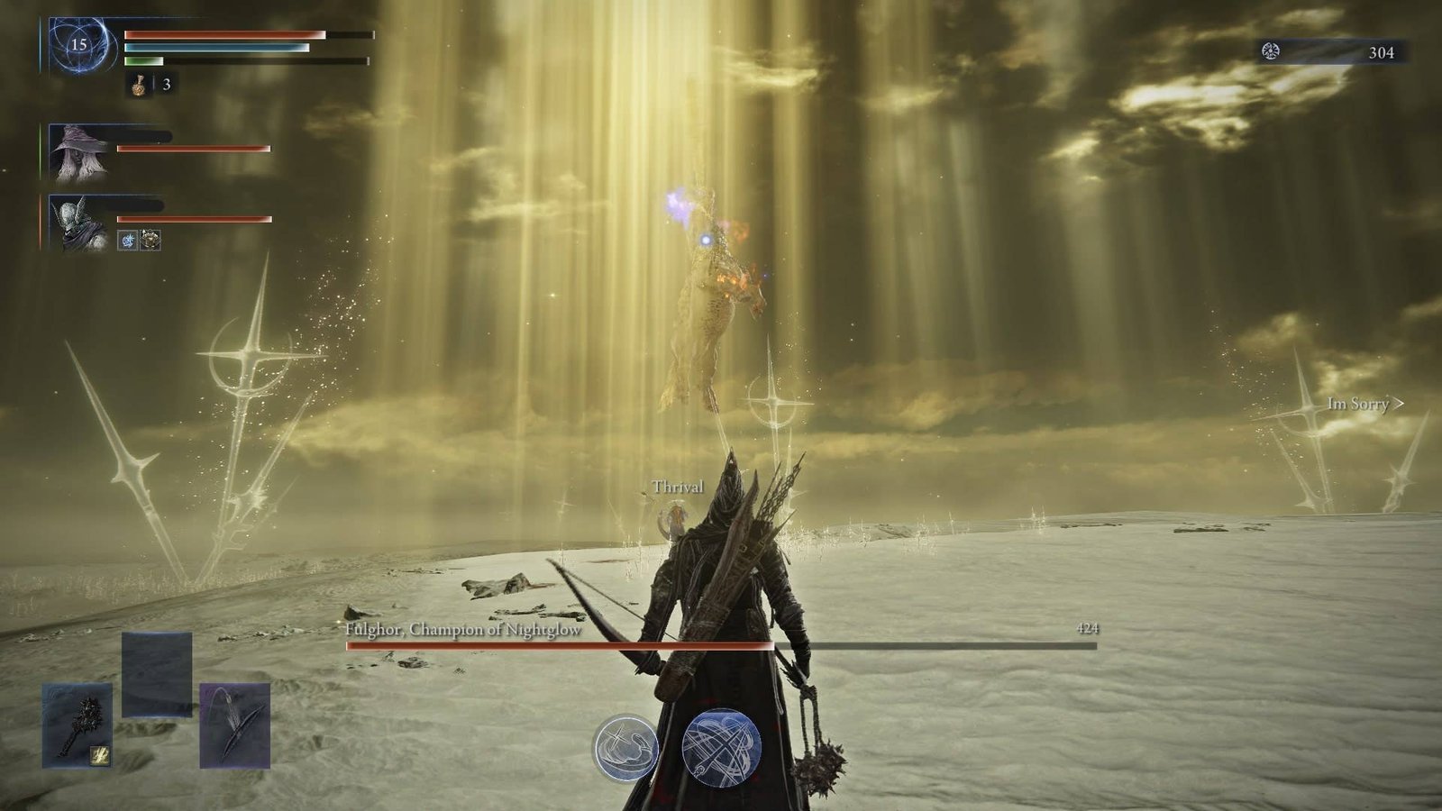The player, Ironeye, looks at the Everdark Sovereign Darkdrift Knight as he gallops into the sky and glows gold in Elden Ring Nightreign