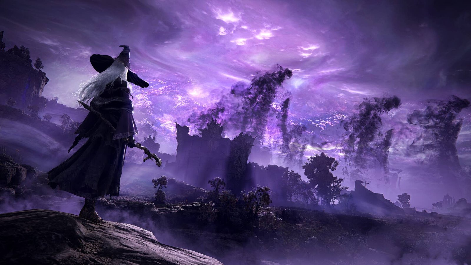 The Recluse can be seen standing in Limgrave with has a purple sky in key artwork for Elden Ring Nightreign