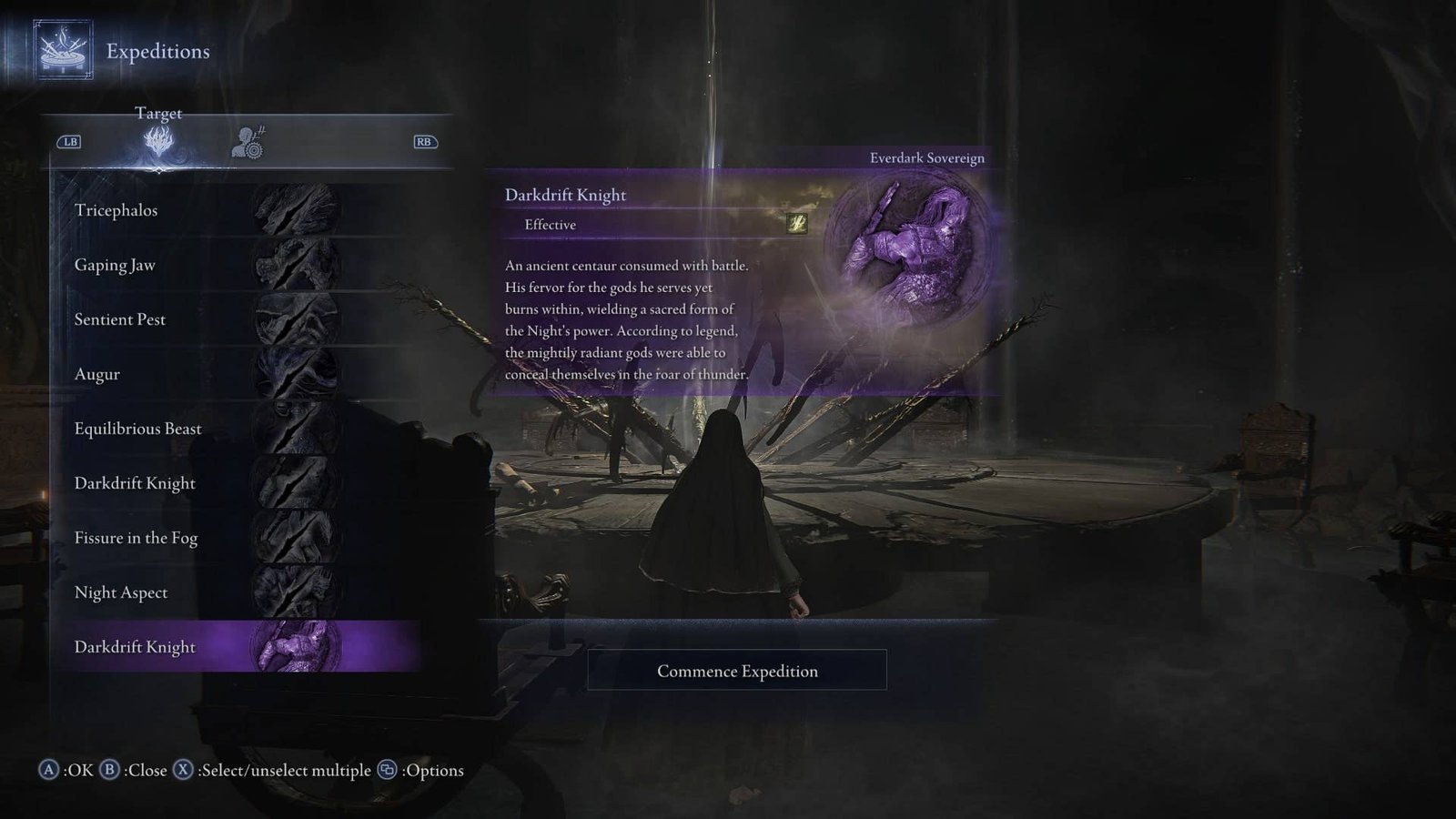 The player, Ironeye, looks at the Everdark Sovereign Darkdrift Knight in the list of Expedition Targets in Elden Ring Nightreign