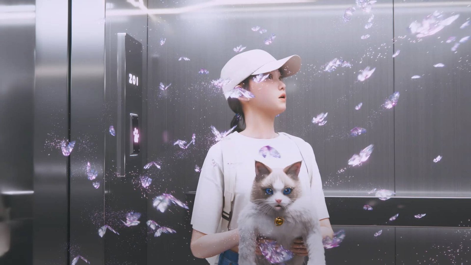 In a still from inZOI's opening cutscene, a young female character in baseball cap and t-shirt holds a befuddled-looking ragdoll cat as they ride an elevator with pink sparkling butterflies swirling around them.