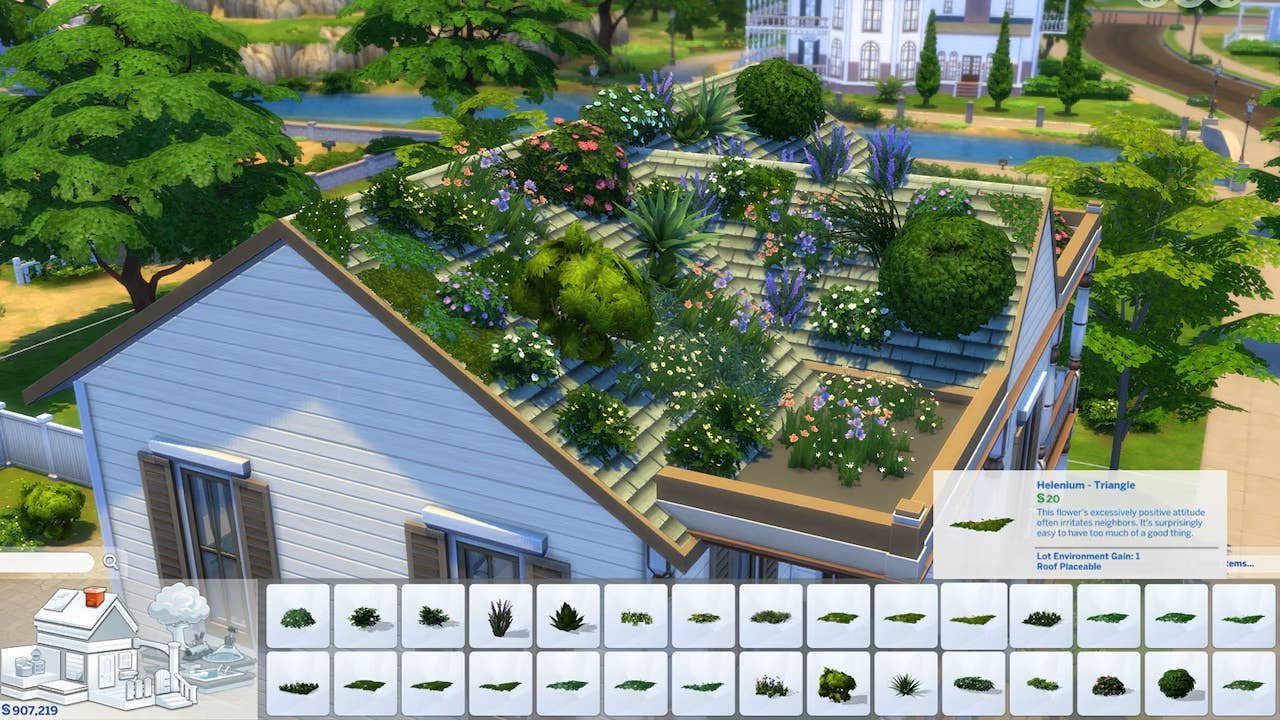 A Sims 4 house in build mode having its roof edited. Many lush plants are now growing from the roof tiles, demonstrating a new build mode feature added in the Enchanted by Nature supporting patch.