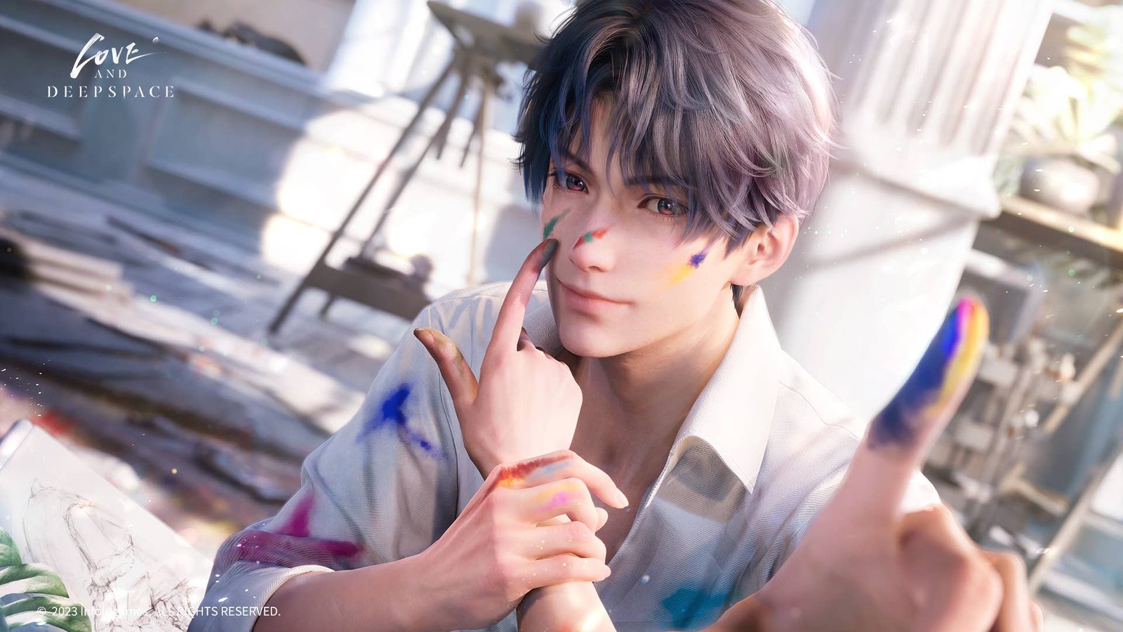Rafayel, with his face and shirt covered in small paint splatters, smiles slightly as the first-person POV heroine uses her finger to smudge more paint on his face. (Love and Deepspace)